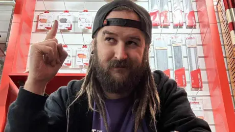 Dan Moss Dan Moss is a man with shoulder length dreadlocks. He is looking to the left of the image. On the left of the image, his finger is pointing upwards. He is wearing a dark jacket over a purple t-shirt, and is wearing a backwards baseball cap.