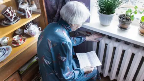 Getty Images An older woman with silver hair has her hand on an old-fashioned radiator under a windowsill with three plants in pots. She is looking at an energy bill in her hand.