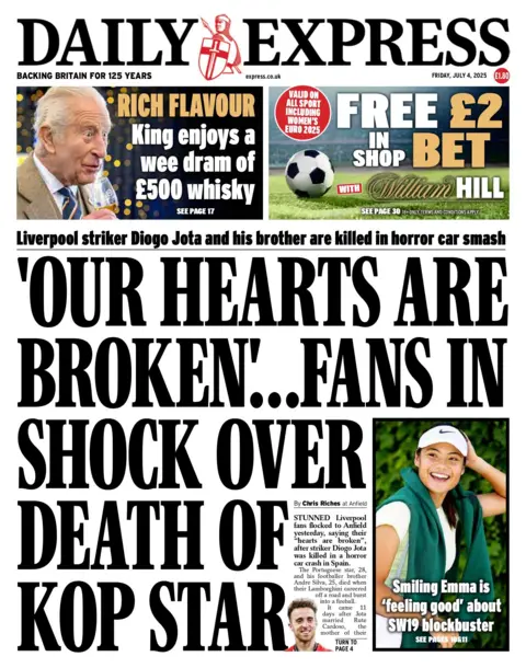 The Daily Express leads with a football fan saying, "Our hearts are broken".
