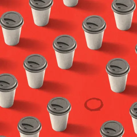 BBC A graphic of multiple grey disposable takeaway coffee cups with lids