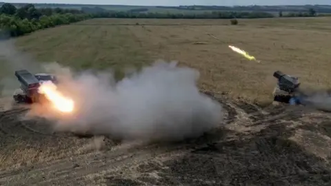 Russian defence ministry Russian GRAD missiles being fired