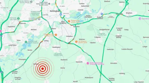 Google Map showing the epicentre of the 2.2 magnitude quake just south-east of Gotham