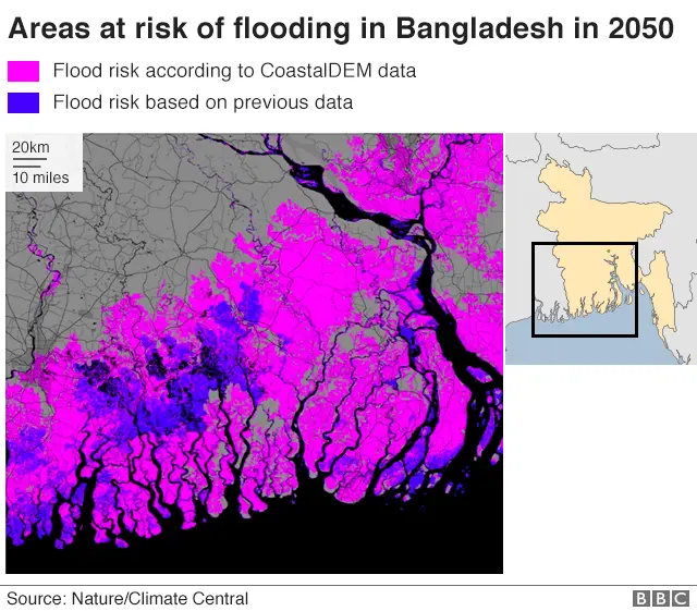 Map showing flood risk in Bangladesh 2050