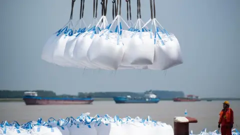 Getty Images This photo taken on August 7, 2018 shows workers unloading bags of chemicals at a port in Zhangjiagang in China's eastern Jiangsu province