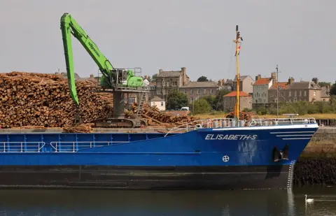 Walter Baxter Wood piled up next to a vessel