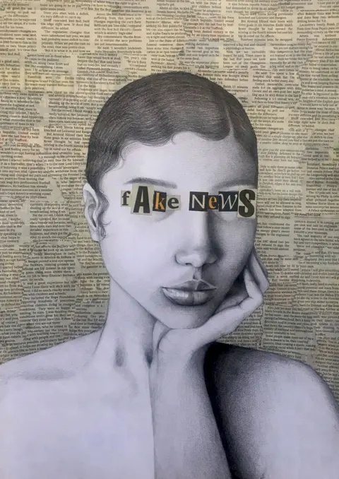 Christine Moore A piece of art showing a drawing of a woman with newspaper clippings around her