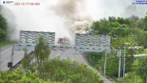 A blurry photo from a traffic camera showing billowing smoke coming from the side of a motorway, behind gantry signs. Lots of foliage in the foreground. A fire engine is at the scene.