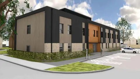 A computer-generated image of a building in Gloucester, with parking spaces positioned at the front and a car parked in one of them. The building appears to be made of black and brown material