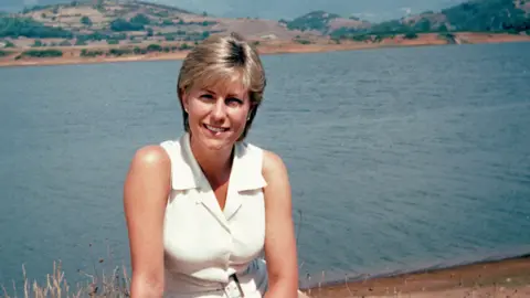 BBC Jill Dando at a spa outside Rome, while filming the travel series Holiday