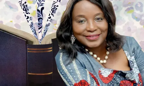 Somsara Rielly A collage of Sisi Lawyer smiling next to a large open book, with a colourful background