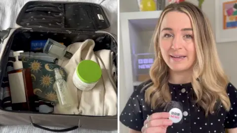 Split screen of suitcase with items inside on the left and BBC reporter on the right