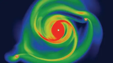 Simulated young planet as viewed from the top (left) and from the side (right)