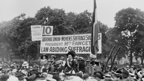 PA Dame Millicent Fawcett addressing a meeting in Hyde Park as president of the National Union of Women's Suffrage Societies