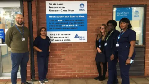 HuC Staff outside the new Integrated Urgent Care Hub (IUCH) at St Albans City Hospital