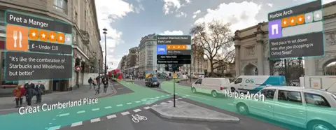 Blippar Screengrab of app showing London intersection with digital information overlaid