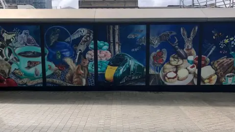 Cindy Powell Five surrealist prints featuring a Great Western Railway Train and animals having a tea party