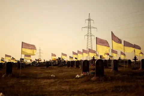 Ukrainian flags fly across a cemetery