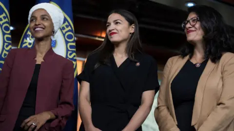 Reps Ilhan Omar, Alexandria Ocasio-Cortez, and Rashida Tlaib at a press conference