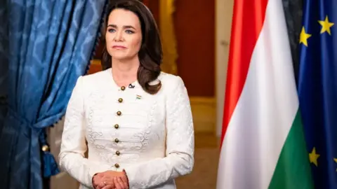 HANDOUT/EPA-EFE/REX/Shutterstock Hungarian President Katalin Novak delivering her speech in the Alexander Palace in Budapest, Hungary, 10 February 2024