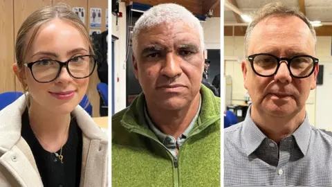 Images of three people. From right to left. A young woman with a centre parting, blonde hair and large black glasses looking at the camera smiling. In the centre a middle aged man with short grey hair and wearing a green zipped jumper looks straight at the camera. On the right a man with short hair with black rimmed glasses wearing a shirt looks at the camera.