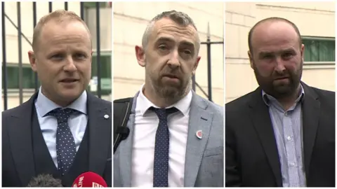 A composite photo of Jamie Bryson,  Daithi McKay and Thomas O'Hara. 