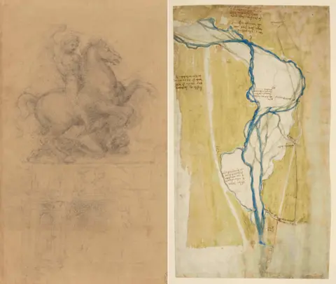ROYAL COLLECTION TRUST A design for an equestrian monument (left) and Leonardo's map of the Arno west of Florence