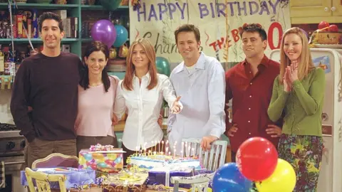 Getty Images The Friends cast on set around 2001