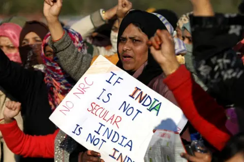 Getty Images Indian Muslim women participate in a protest against the Indian government's Citizenship Amendment Act (CAA), the National Register of Citizens (NRC) and the National Population Register (NRP) on seventh day of protest in Lucknow,India on January 23, 2020