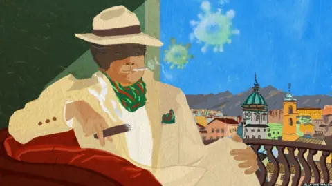 BBC A mafia member smoking a cigar. The smoke coming out of it is green, and resembles a virus. He is overlooking the Sicilian city of Palermo