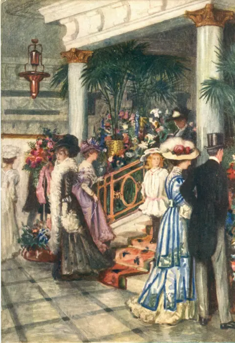 Alamy A colourful postcard showing shoppers in a Debenhams store