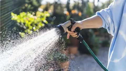 Getty Images Woman hoses garden