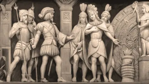 Getty Images Cortés and Montezuma at a Mexican temple (detail from the frieze in the Rotunda of the United States Capitol)