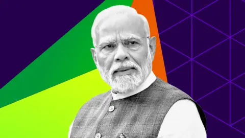 A picture of Narendra Modi against a purple, orange and green background