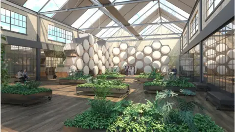 Recompose/MOLT Studios An artist vision of a future Recompose facility shows circular vessels in a honeycomb structure in a garden