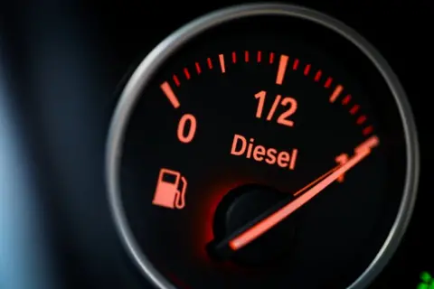 Getty Images Diesel fuel gauge in a car, showing a full tank