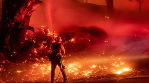 AFP A firefighter douses flames from a backfire during the Maria fire in Santa Paula, California