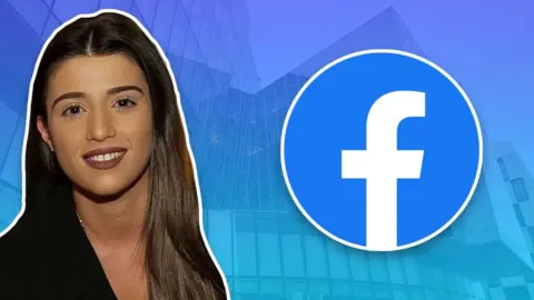 BBC Isabella Plunkett with a Facebook logo in front of Dublin HQ