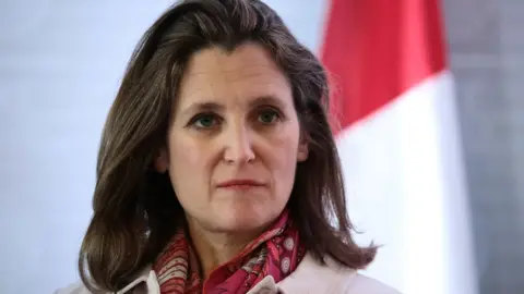 Getty Images Canadian minister Chrystia Freeland addresses the media February 2018 in Mexico City, Mexico