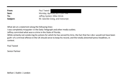 US Department of Justice "Jeffrey commited (sic) what was=a crime in the State of Florida,"
"While certainly not condo=ing (sic) his actions for which he has served his time, the fact that he<=div> would not have been guilt= of a criminal offence in the UK should serve to keep his record, and the totally distorted=press headlines, in context."