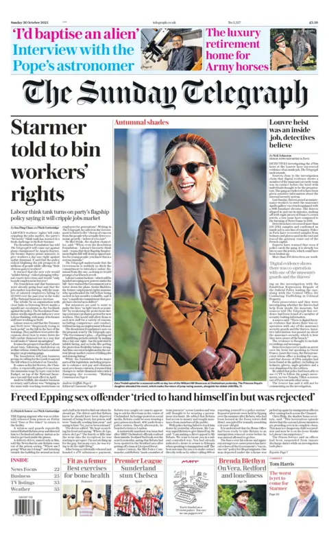 The headline on the front page of the Sunday Telegraph reads: "Starmer told to bin workers' rights". 