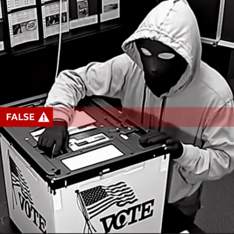 AI-GENERATED IMAGE A photo generated with Microsoft's Image Creator using the following prompt: “A black and white security camera photo showing a covered individual tampering with a US ballot box.”