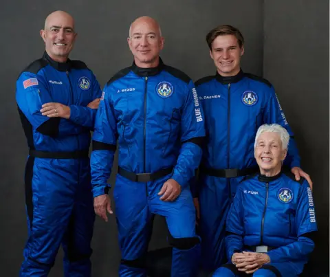 Blue Origin From left: Mark Bezos, Jeff Bezos, Oliver Daemen, Wally Funk