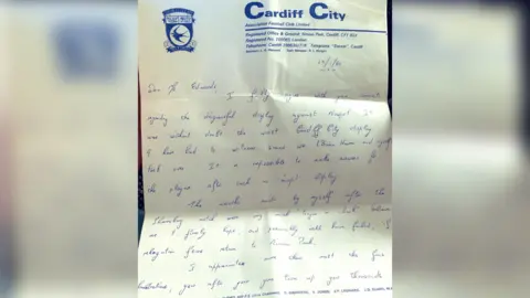 Edwards family photo A handwritten letter from Richie Morgan in response to Cardiff City fan Peter Edwards