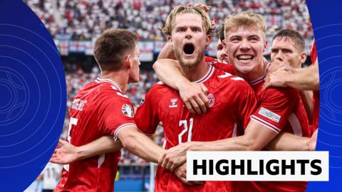Denmark players celebrate a goial against England