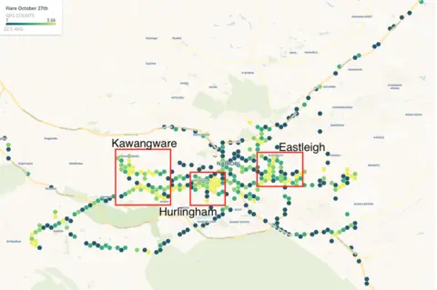 Flare Map of GPS movements of ambulances