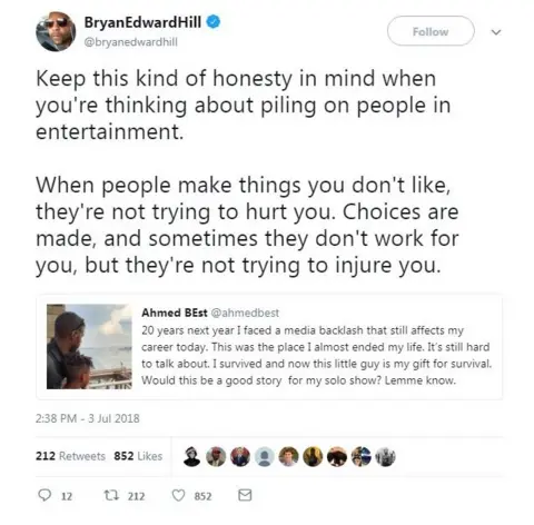 Twitter/BryanEdwardHill A tweet from Bryan Edward Hill reads: "Keep this kind of honesty in mind when you're thinking about piling on people in entertainment. When people make things you don't like, they're not trying to hurt you. Choices are made, and sometimes they don't work for you, but they're not trying to injure you."