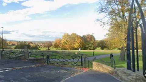 Google Manor Fields Park in Sheffield, with stone walls and wrought iron fence and a view of autumnal trees and the city beyond. 