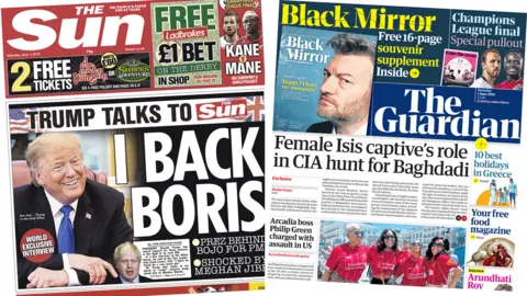 The front pages of the Sun and the Guardian