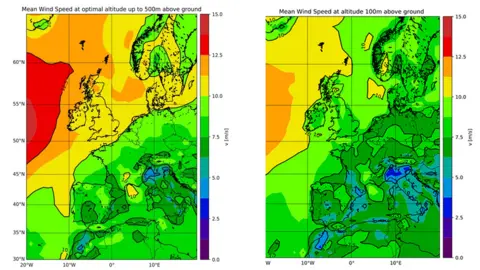 Airborne Wind Europe Map of Europe showing wind speeds at 100m and 500m