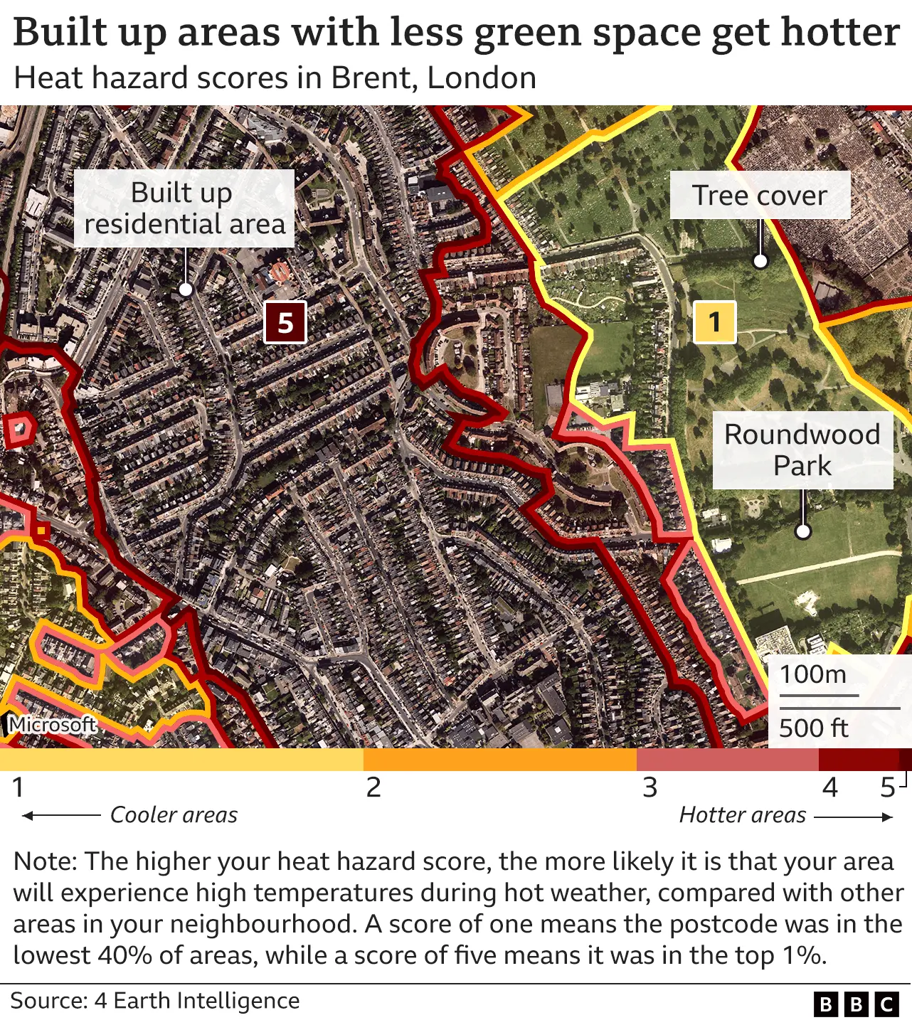 Map showing heat hazard areas in Brent, with areas near green spaces showing a lower hazard score